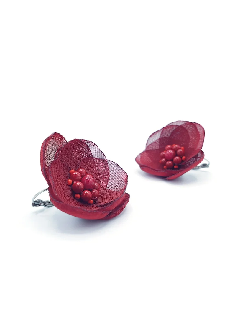 Cercei floare,  Sofia, voal bordo, mijloc perle rosii, tortite inox