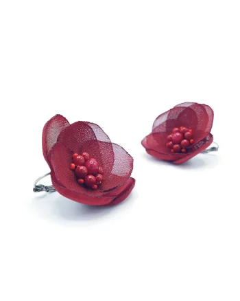 Cercei floare,  Sofia, voal bordo, mijloc perle rosii, tortite inox