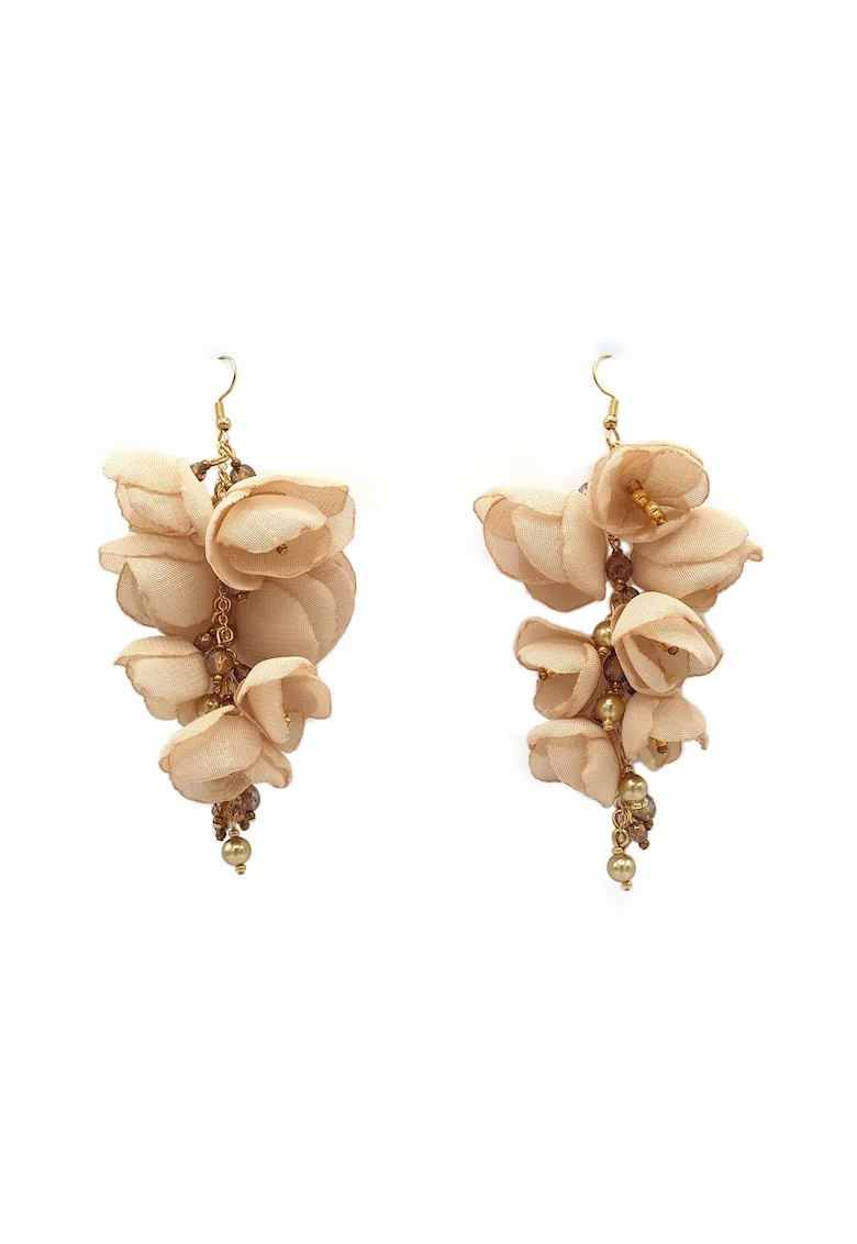 Cercei lungi ciorchine flori din voal,  Flower Love, voal bej, perle si cristale aurii