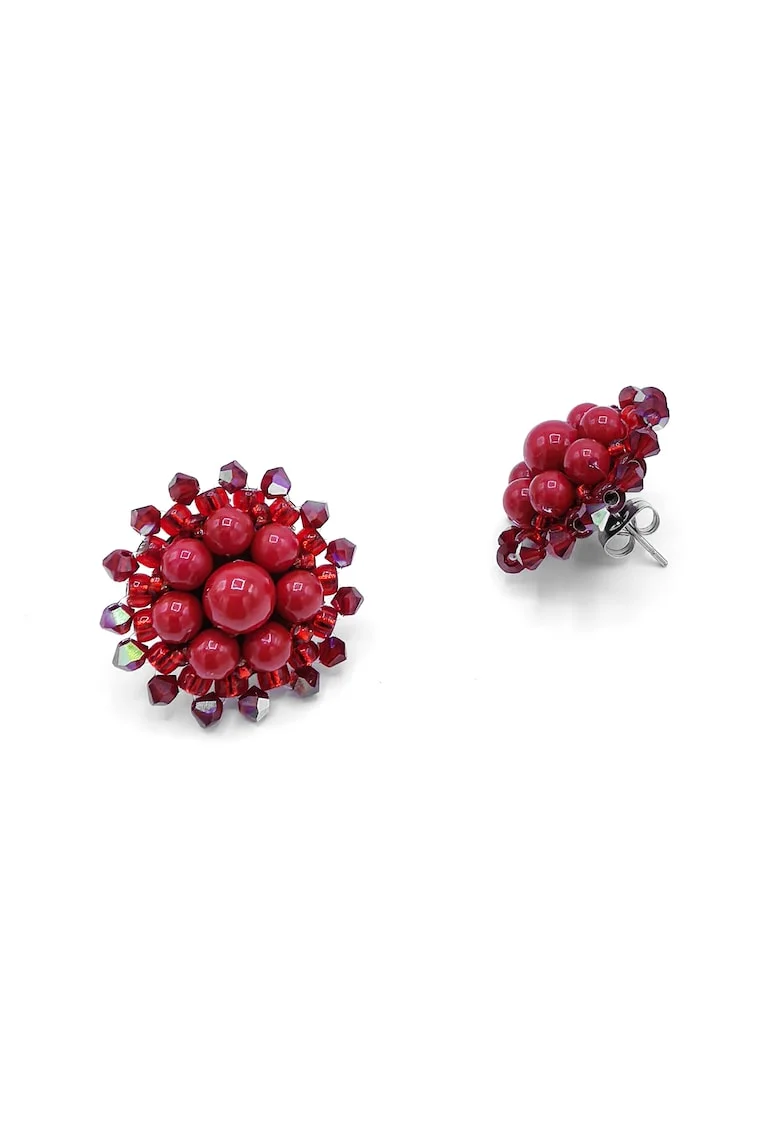 Cercei eleganti rotunzi,  Grace, perle si cristale, rosii, surub din inox