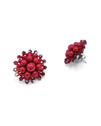 Cercei eleganti rotunzi,  Grace, perle si cristale, rosii, surub din inox