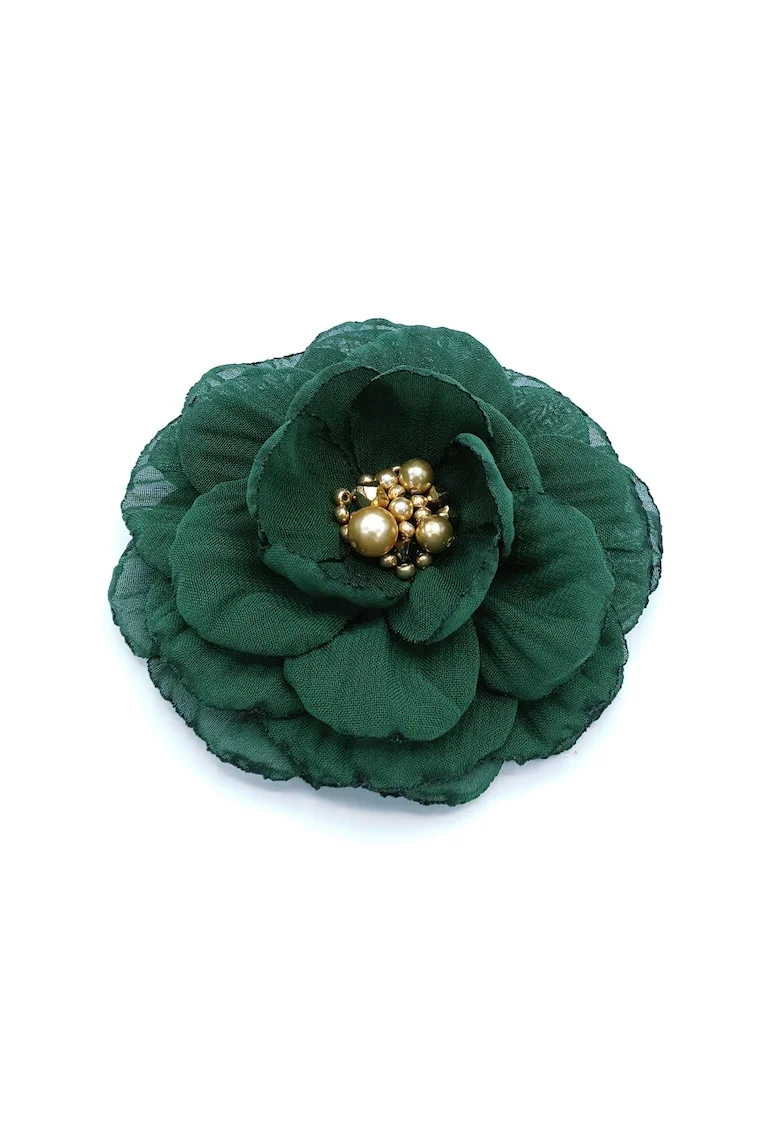 Brosa eleganta floare,  Diana, voal verde, 8.5 cm, mijloc auriu cu perle si cristale