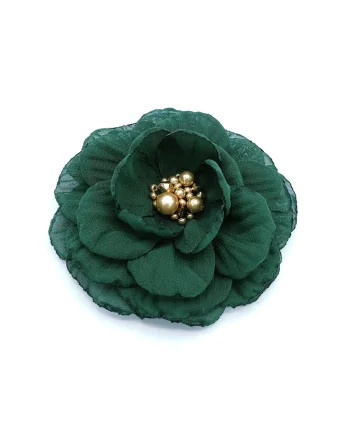 Brosa eleganta floare,  Diana, voal verde, 8.5 cm, mijloc auriu cu perle si cristale