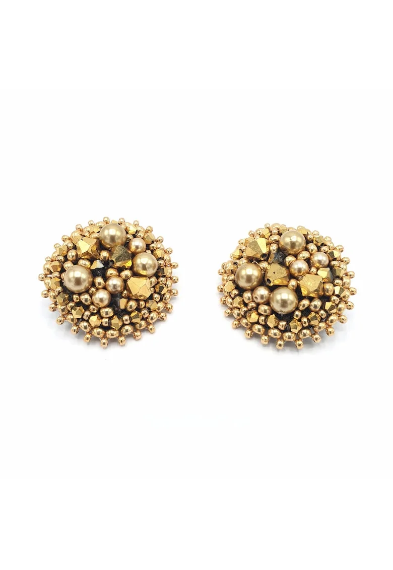 Cercei clips rotunzi,  Gold Glam Clips, perle si cristale, aurii