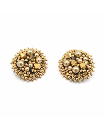 Cercei clips rotunzi,  Gold Glam Clips, perle si cristale, aurii