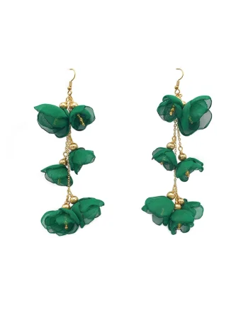 Cercei foarte lungi cu flori si perle, Verde/Auriu