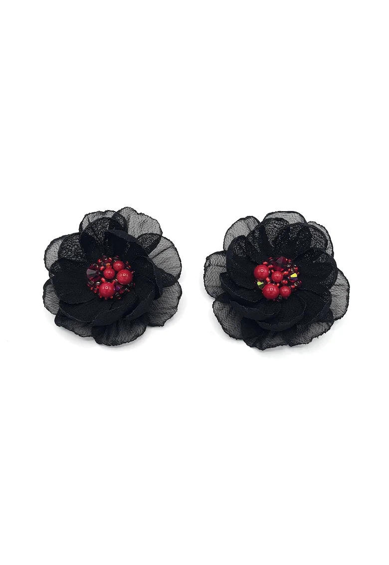 Cercei floare cu clips,  voal, Rosu/Negru
