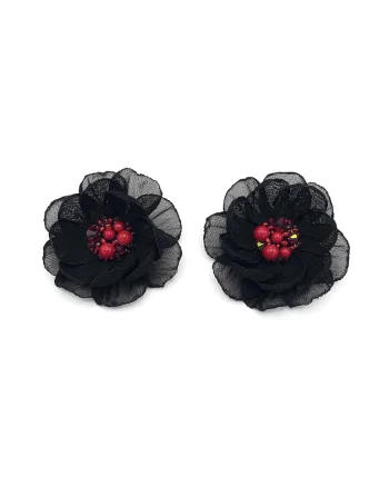 Cercei floare cu clips,  voal, Rosu/Negru