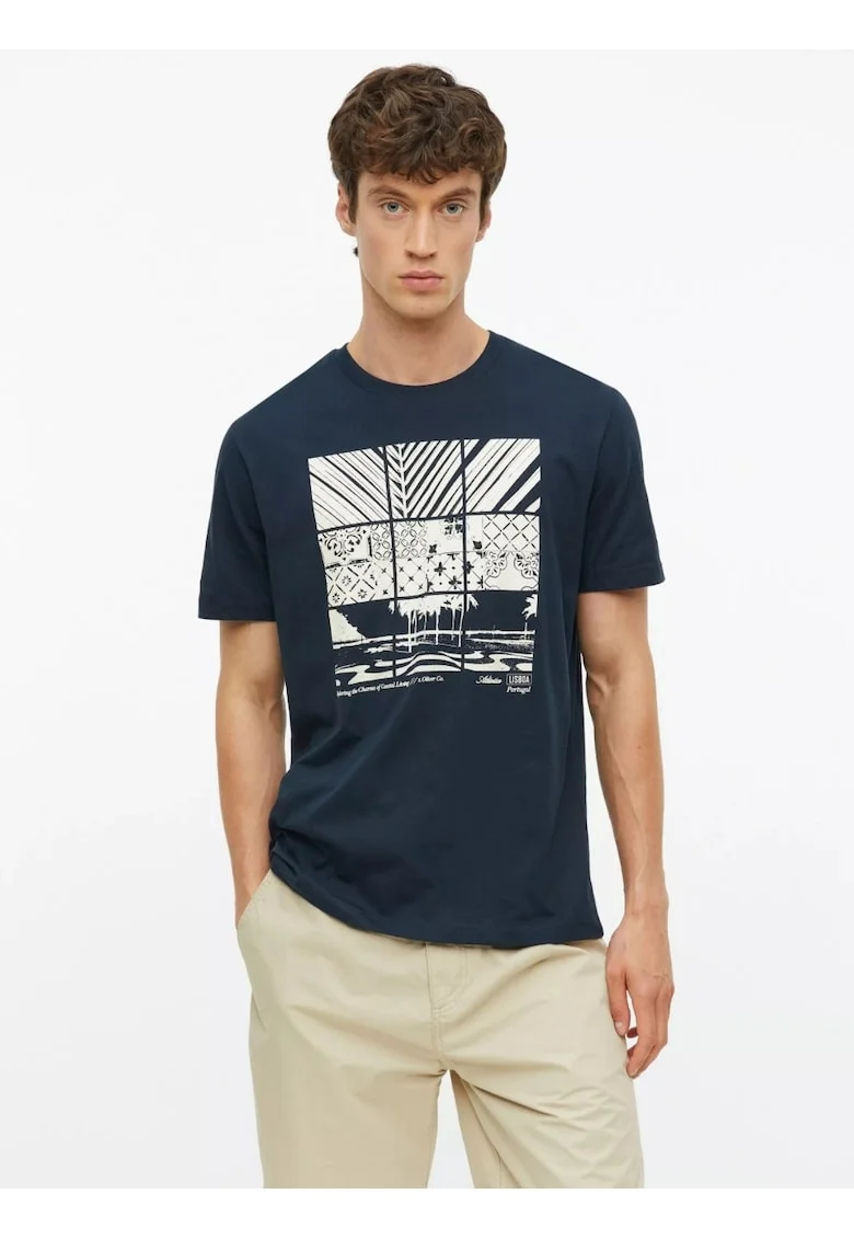 Tricou barbati, din bumbac, cu imprimeu frontal, Bleumarin inchis