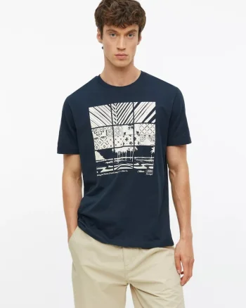 Tricou barbati, din bumbac, cu imprimeu frontal, Bleumarin inchis