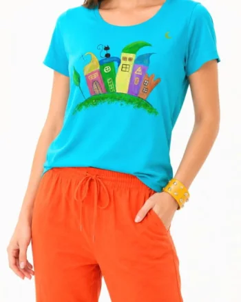 Tricou din bumbac turcoaz  pictat manual, cu pisicuta si blocuri colorate,unicat
