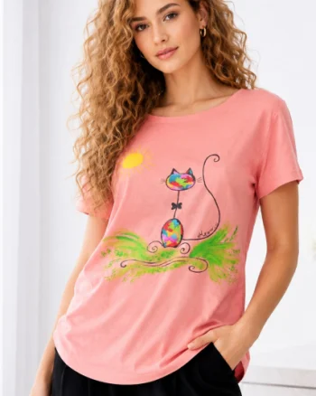 Tricou somon din bumbac pictat manual, cu pisicuta si soare ,unicat