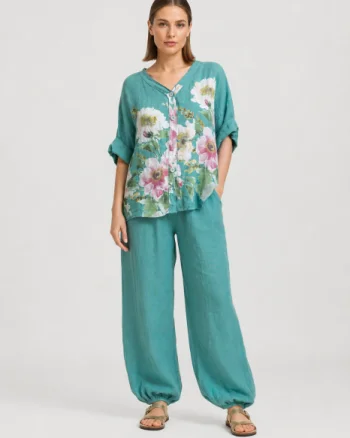 Pantaloni de vara, din in, croi balon, cu elastic la glezna, siret in talie, turcoaz deschis