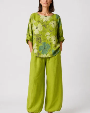 Pantaloni de vara, din in, croi balon, cu elastic la glezna, siret in talie, verde deschis