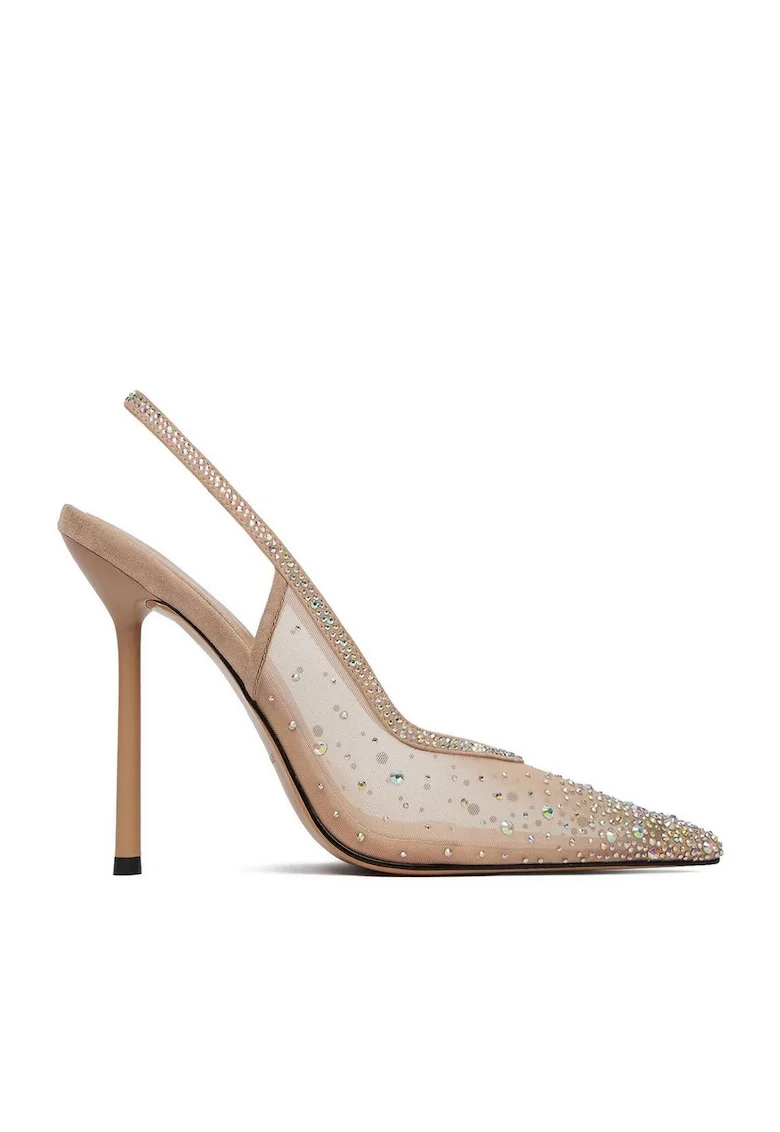 Pantofi dama,  toc ascutit, bej, textil/piele naturala,