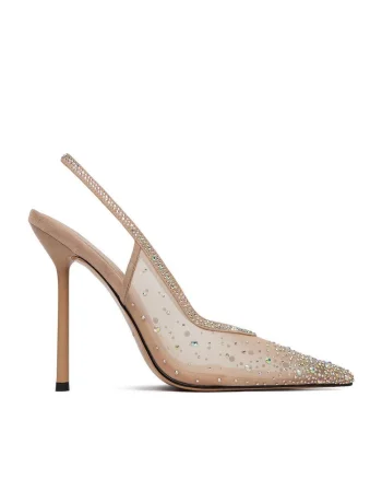 Pantofi dama,  toc ascutit, bej, textil/piele naturala,