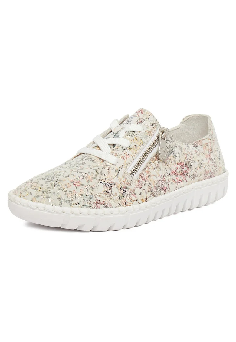 Pantofi dama  piele intoarsa, fermoar lateral, model floral, bej