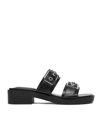 Papuci dama  elegant, negru, material sintetic, toc bloc