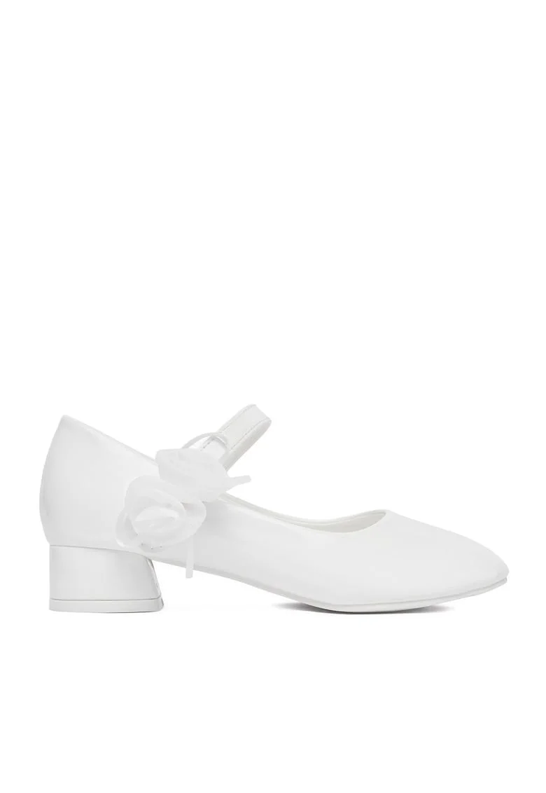 Pantofi cu toc fete,  piele ecologica, alb, sistem Velcro