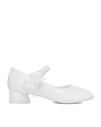 Pantofi cu toc fete,  piele ecologica, alb, sistem Velcro
