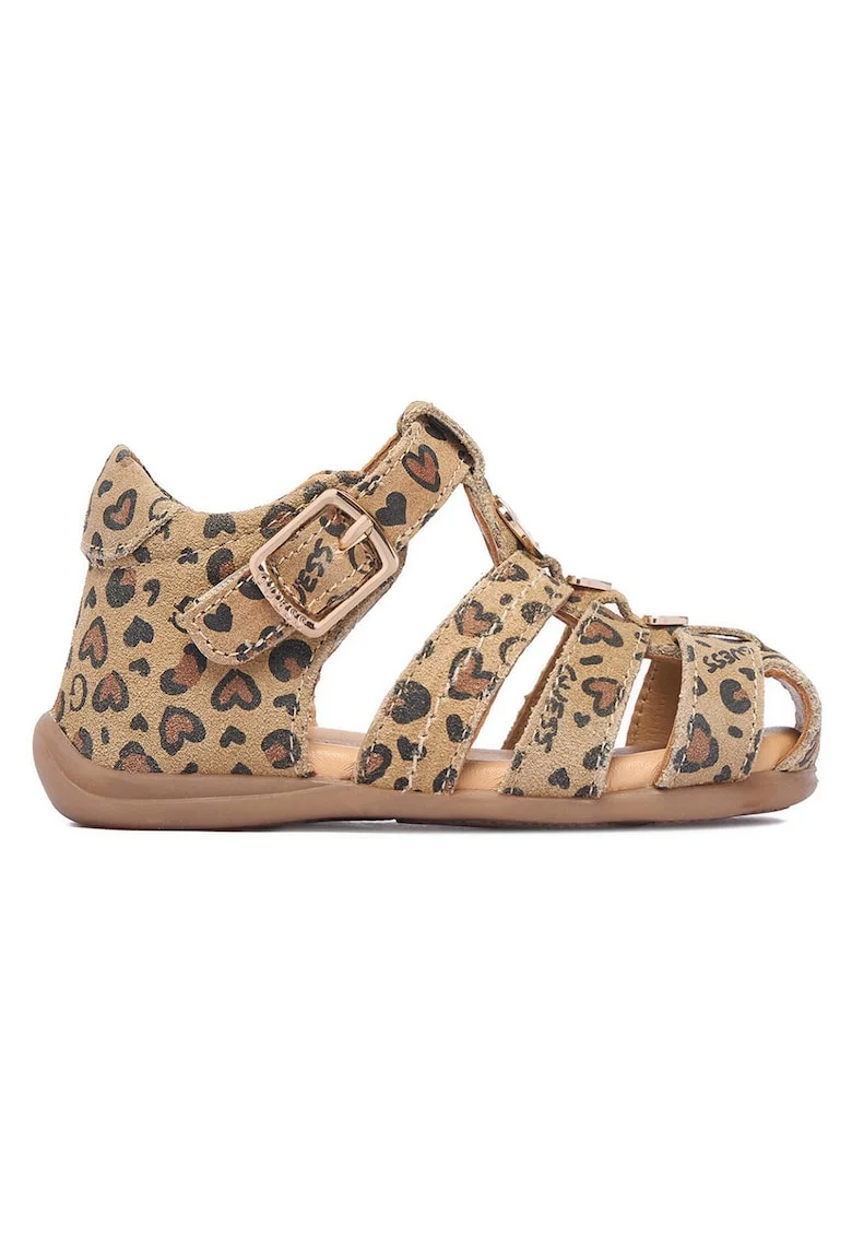 Sandale fete  piele naturala, animal print, maro, sistem inchidere catarama