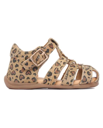 Sandale fete  piele naturala, animal print, maro, sistem inchidere catarama