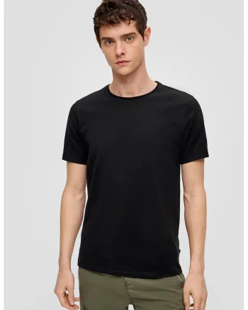 Tricou regular fit cu decolteu la baza gatului si terminatie plisata, Negru