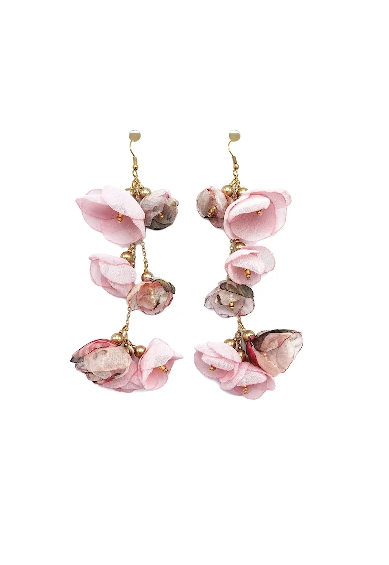 Cercei lungi flori roz din voal,  Pink Blooms, perle si inox auriu