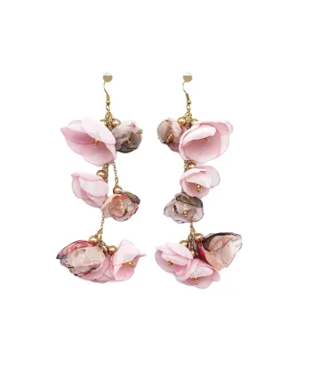 Cercei lungi flori roz din voal,  Pink Blooms, perle si inox auriu