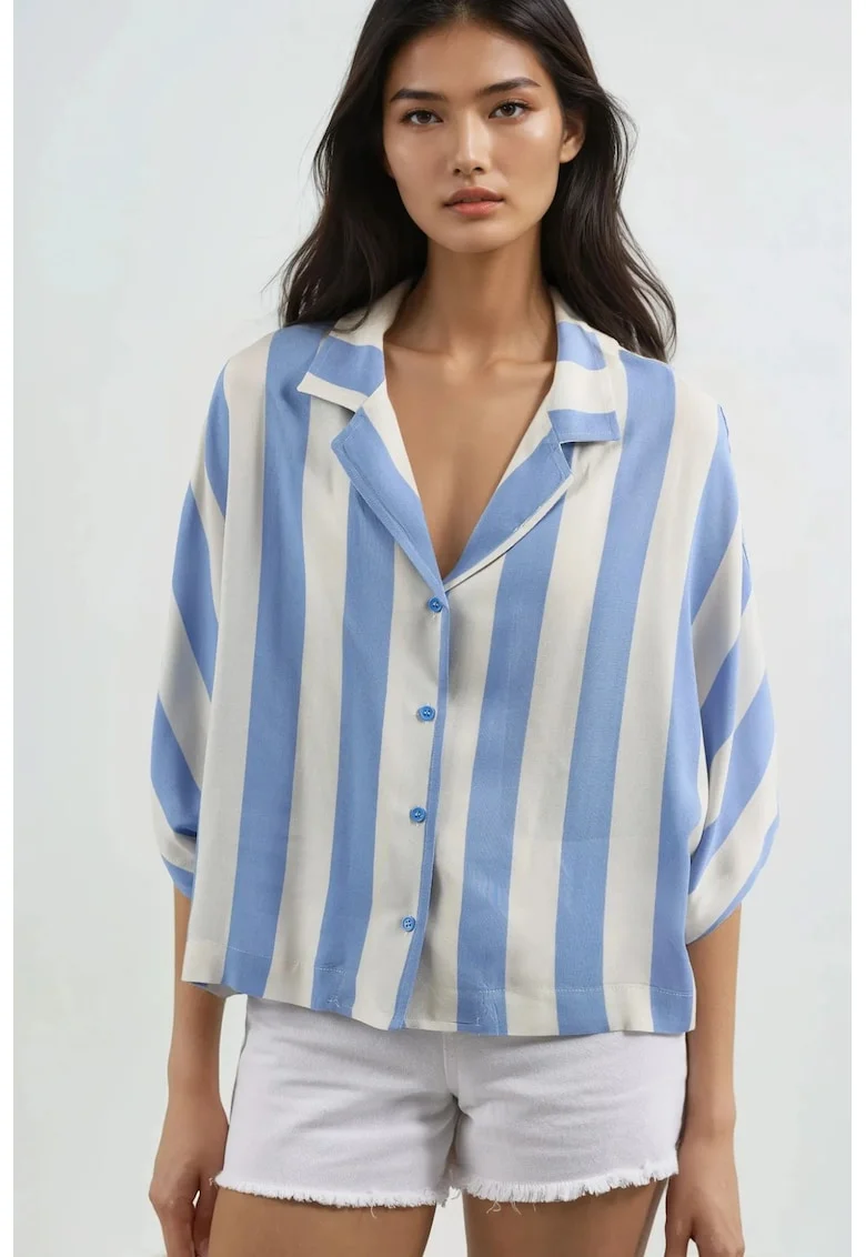 Camasa dama,  cu dungi, croiala lejera, albastru, textil,