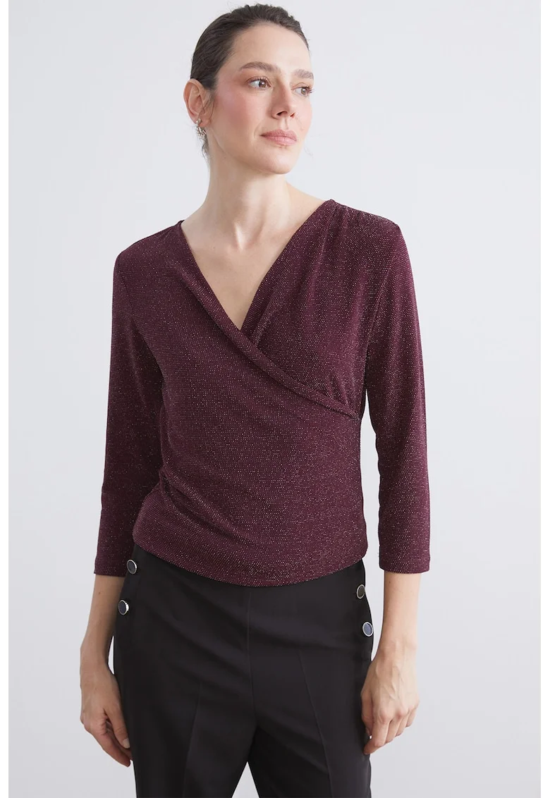 Bluza cu aspect stralucitor si decolteu in V, Visiniu