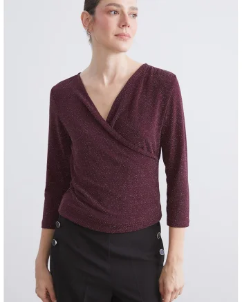Bluza cu aspect stralucitor si decolteu in V, Visiniu