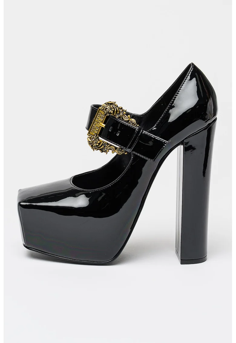 Pantofi cu aspect lacuit si toc masiv, Negru