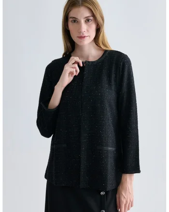 Palton usor din jacquard cu decolteu rotund, Negru melange