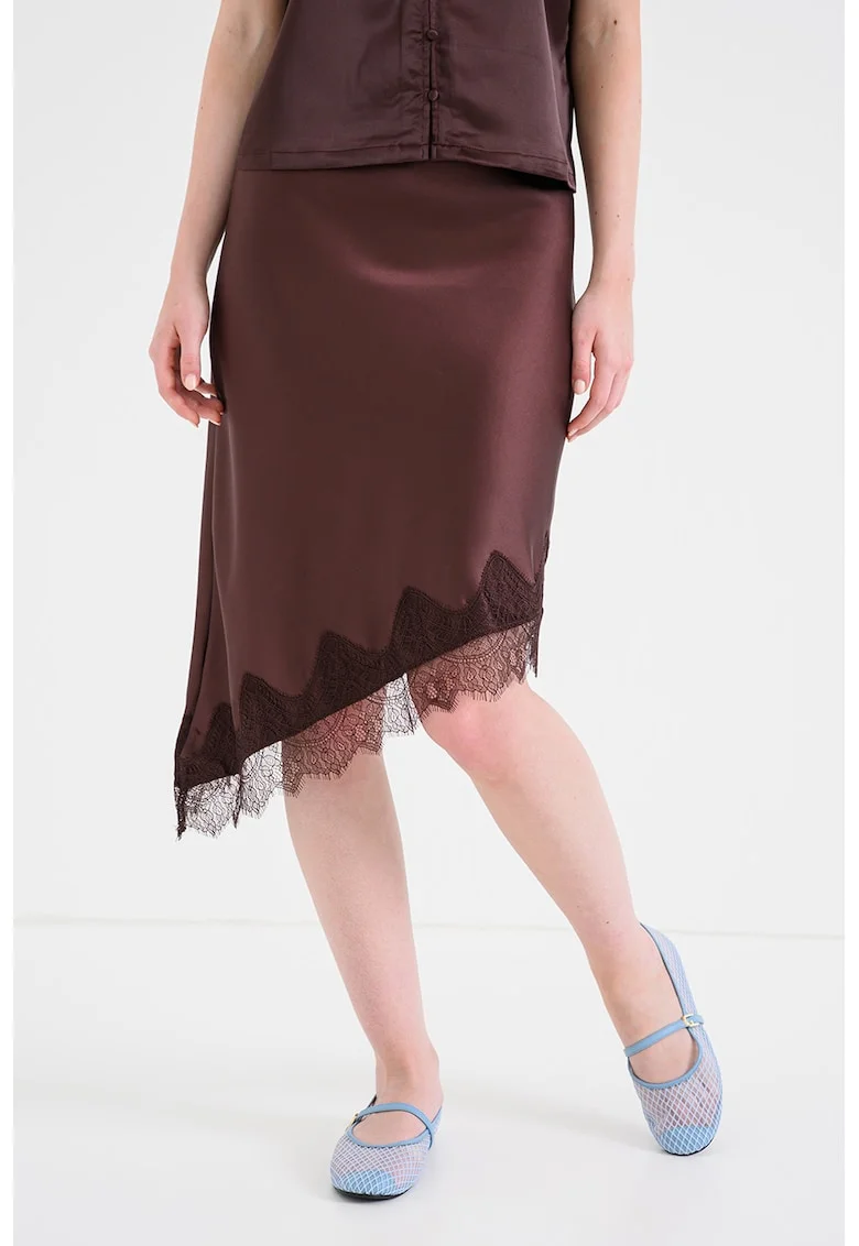 Fusta asimetrica din satin Faraya, Maro cognac