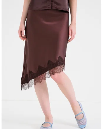 Fusta asimetrica din satin Faraya, Maro cognac