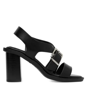 Sandale dama  elegante, piele ecologica, negru, cu toc stabil