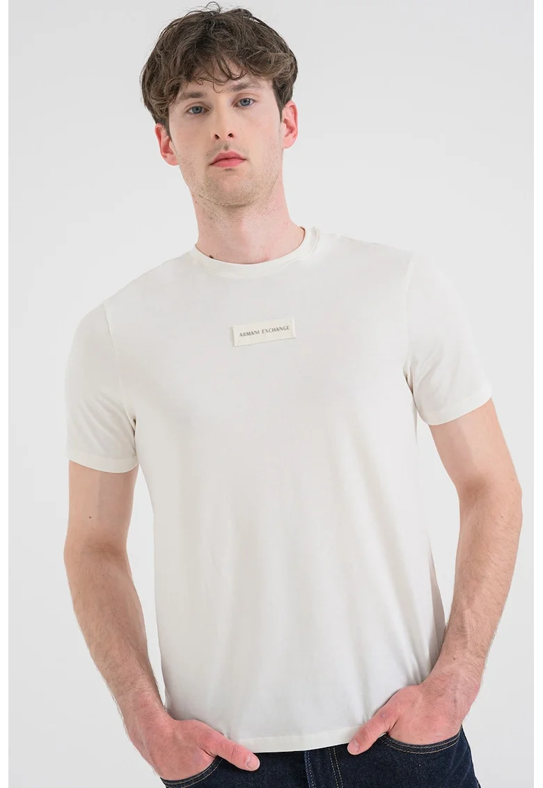 Tricou slim fit cu banda logo, Alb murdar