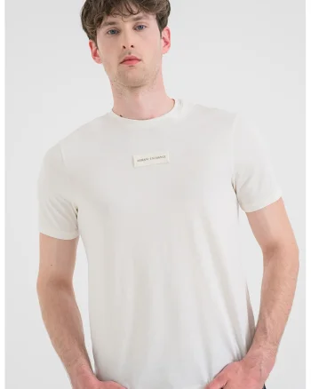 Tricou slim fit cu banda logo, Alb murdar