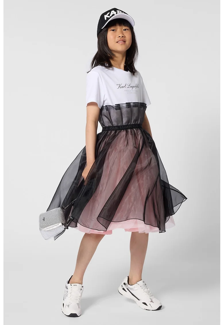 Rochie midi cu tul, Maro inchis/Alb optic