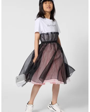 Rochie midi cu tul, Maro inchis/Alb optic