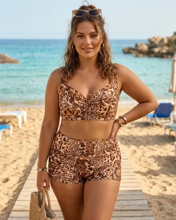 Costum de baie dama 2 piese marimi mari, Pantaloni Scurti si Bustiera Reglabila -animal print f2505