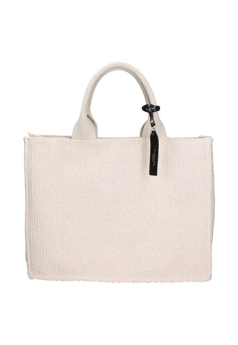 Geanta de piele si material textil cu maner, Bej
