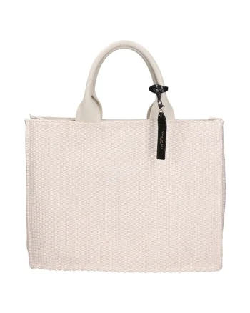 Geanta de piele si material textil cu maner, Bej