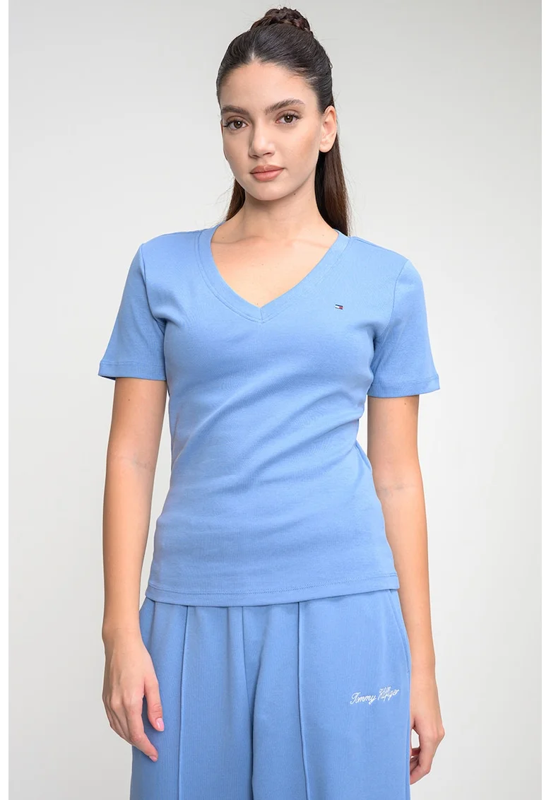 Tricou slim fit cu decolteu in V Cody, Albastru prafuit