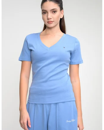 Tricou slim fit cu decolteu in V Cody, Albastru prafuit