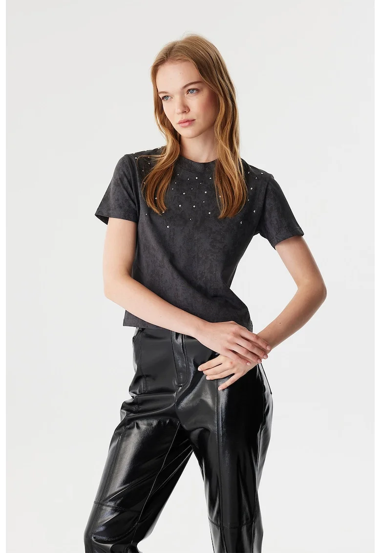 Tricou cu aspect decolorat si strasuri, Negru/Gri