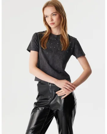 Tricou cu aspect decolorat si strasuri, Negru/Gri