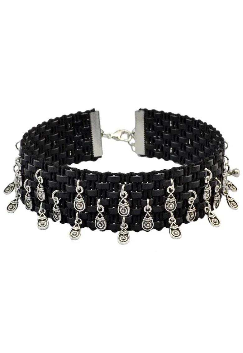 Colier choker negru, cu accesorii argintii, Peta C13,