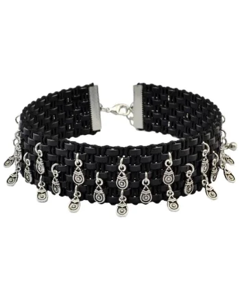 Colier choker negru, cu accesorii argintii, Peta C13,